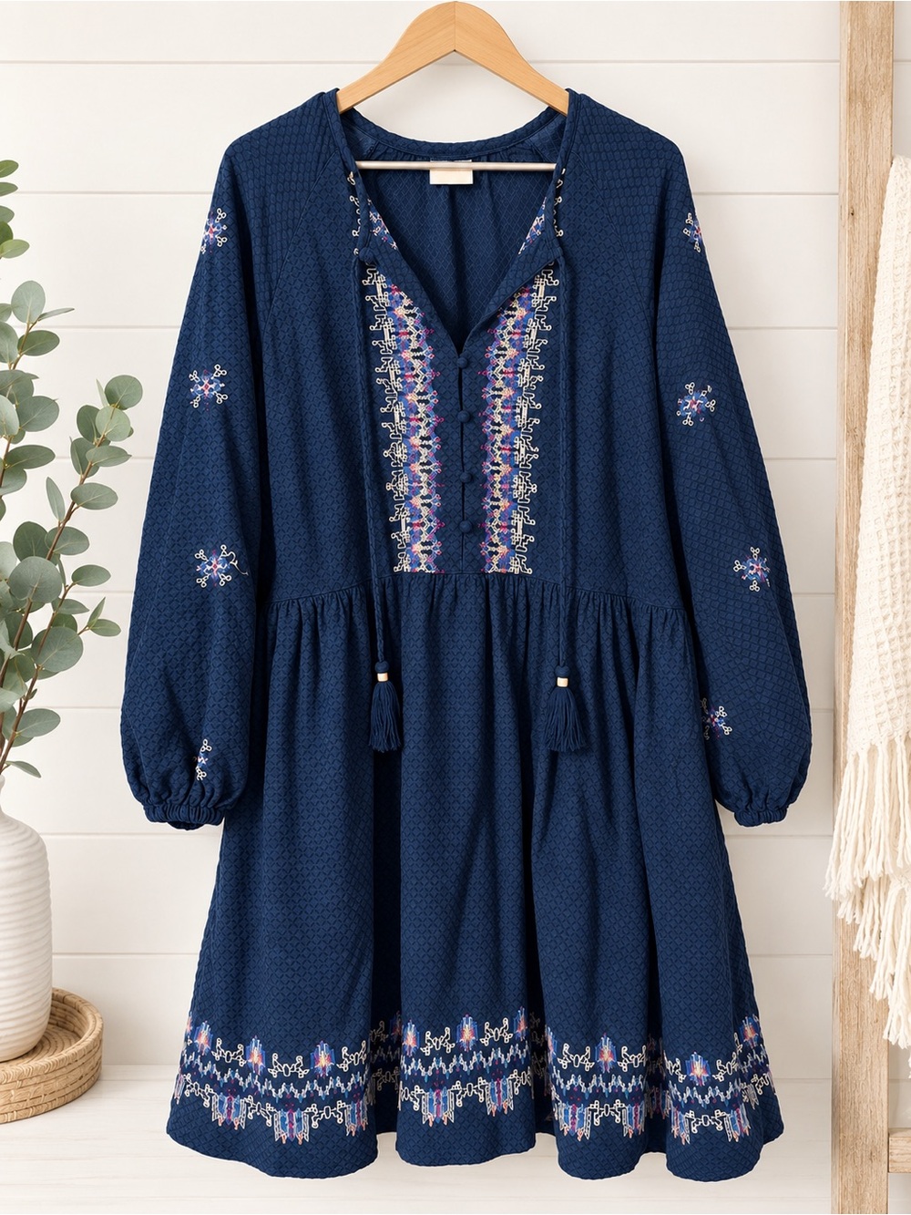 Knox Rose Navy Embroidered Long Sleeve Boho Dress